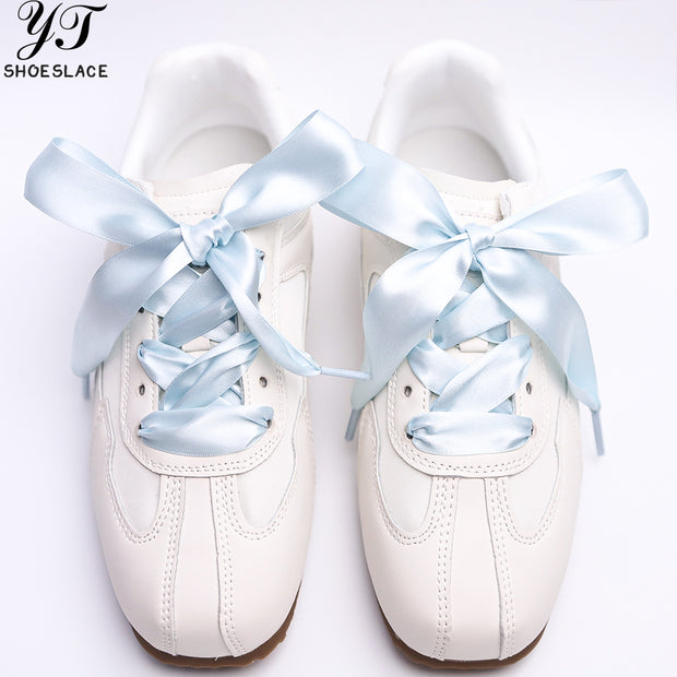 Custom-made sky blue satin ribbon shoelaces